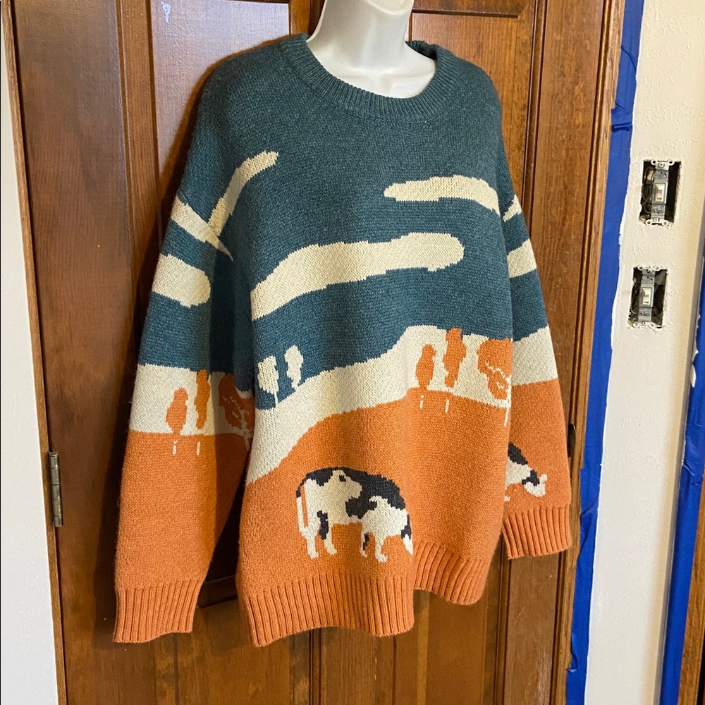 Aelfric Eden “Cow In Pasture” Prairie knit Sweater UNISEX Whimsical Size X Large - Picture 3 of 8